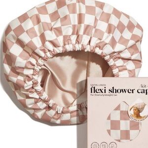 Checkered Satin-Lined Shower Cap in Blush and White